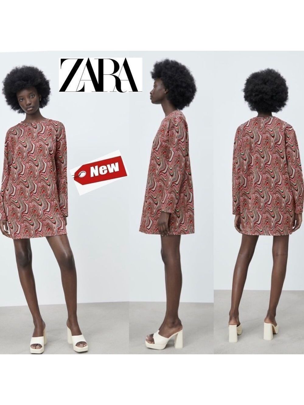 Zara multicoloured jacquard long sleeve round neck mini dress Sz S NWT